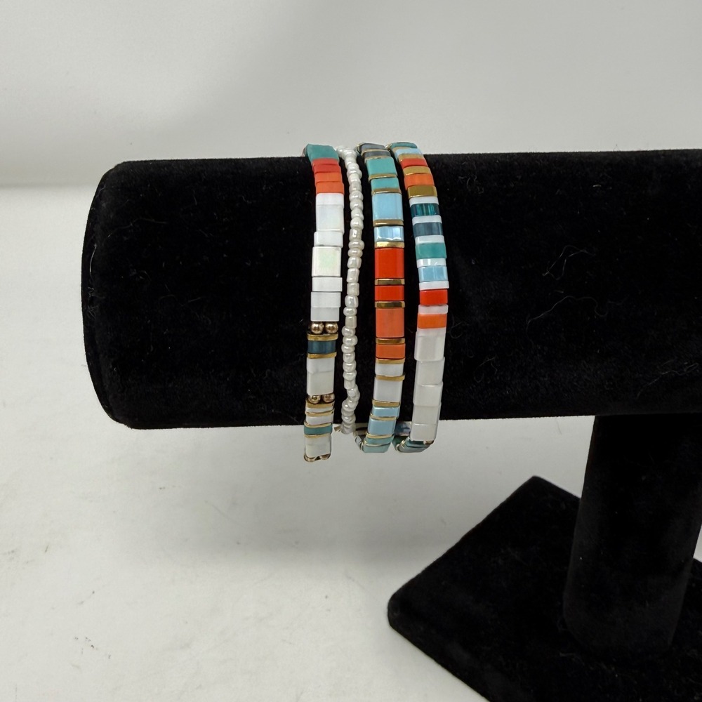 Multi Color Tile Bead Stretch Bracelet Set One Size Boho Beachy Summer